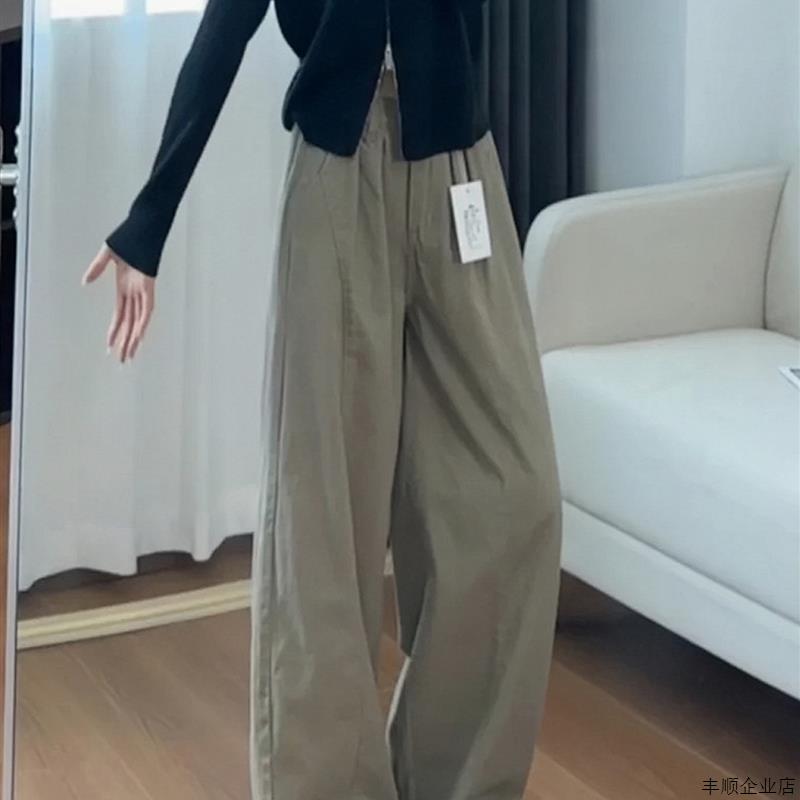卡其色小个子裤子女款梨型身材粗腿宽胯大码胖妹妹宽松工装阔腿裤