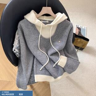 灰色假两件连帽针织打底衫女冬季巨好看内搭大朗毛衣义乌叠穿上衣