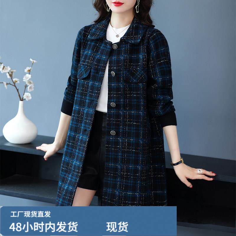 新款洋气双麵戎妈妈外套格子中长款修身显瘦女大衣减龄加肥加大码