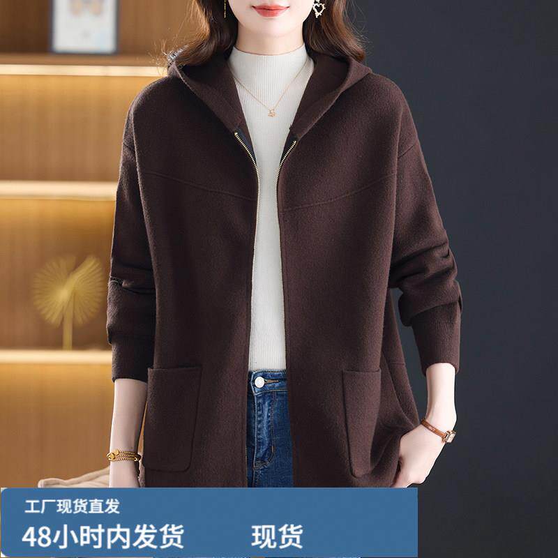 新款秋冬双麵戎妈妈外套中长款洋气时尚修身女大衣休闲加肥加大码