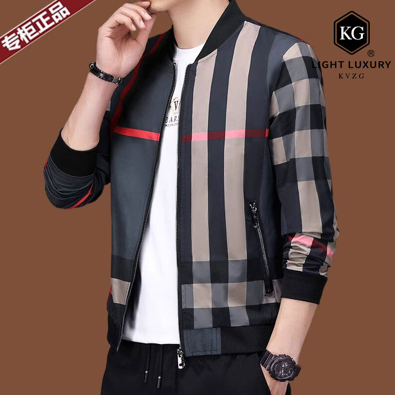 2025春秋新款时尚轻奢棒球领夹克男格子条纹修身休闲百搭外套男