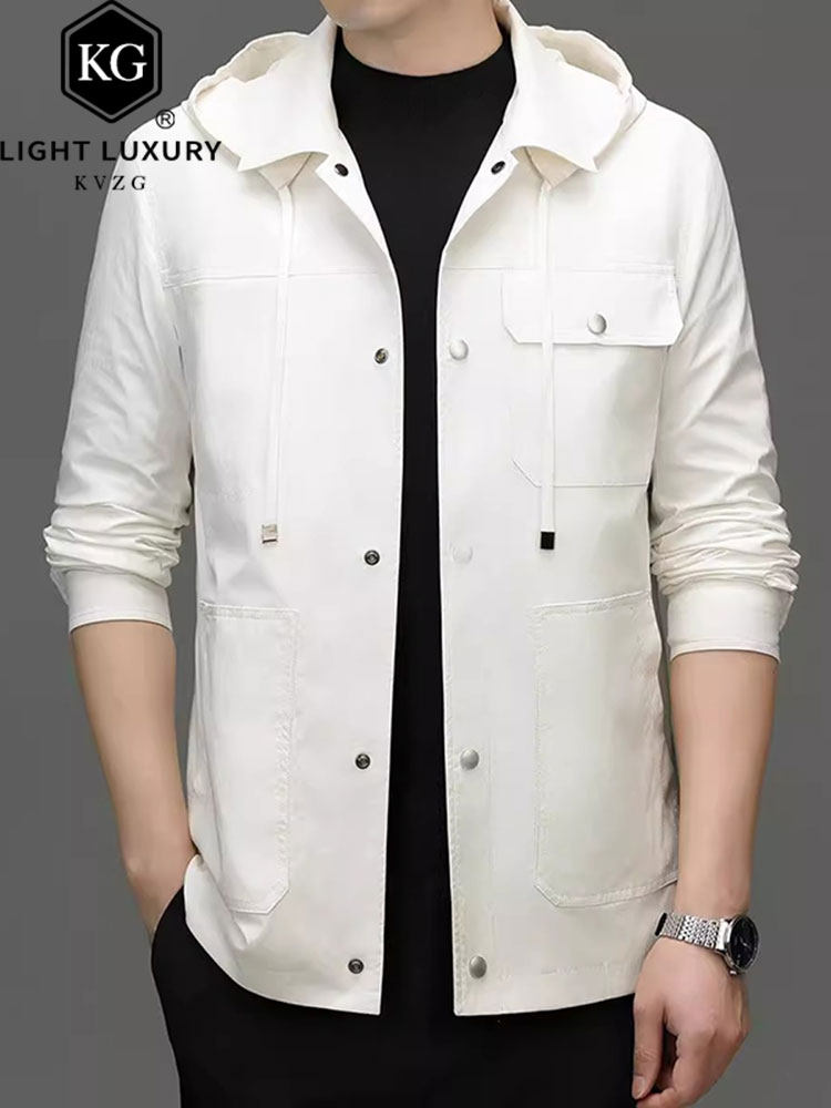 中长款夹克男士春秋季可脱卸帽翻领按扣休闲风衣男装潮流工装外套