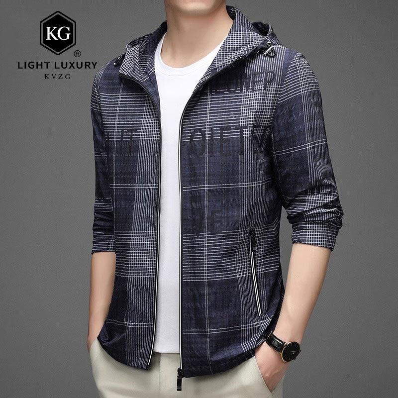 2025春季新款男士外套印花休闲连帽夹克男格子百搭中年秋装上衣