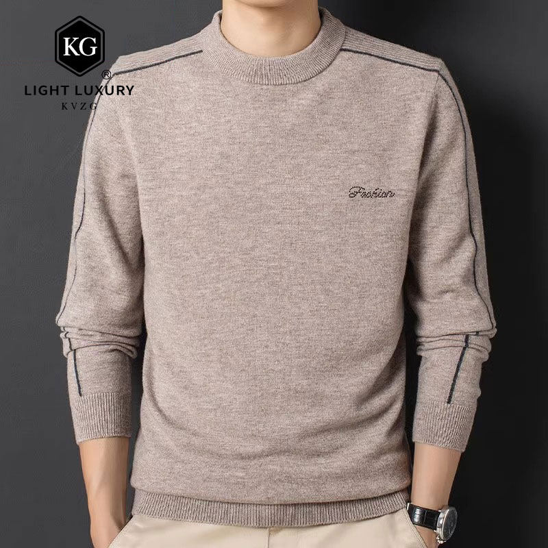 2025春季新款时尚轻奢直筒提花圆领毛衣男士针织衫休闲打底衫红色