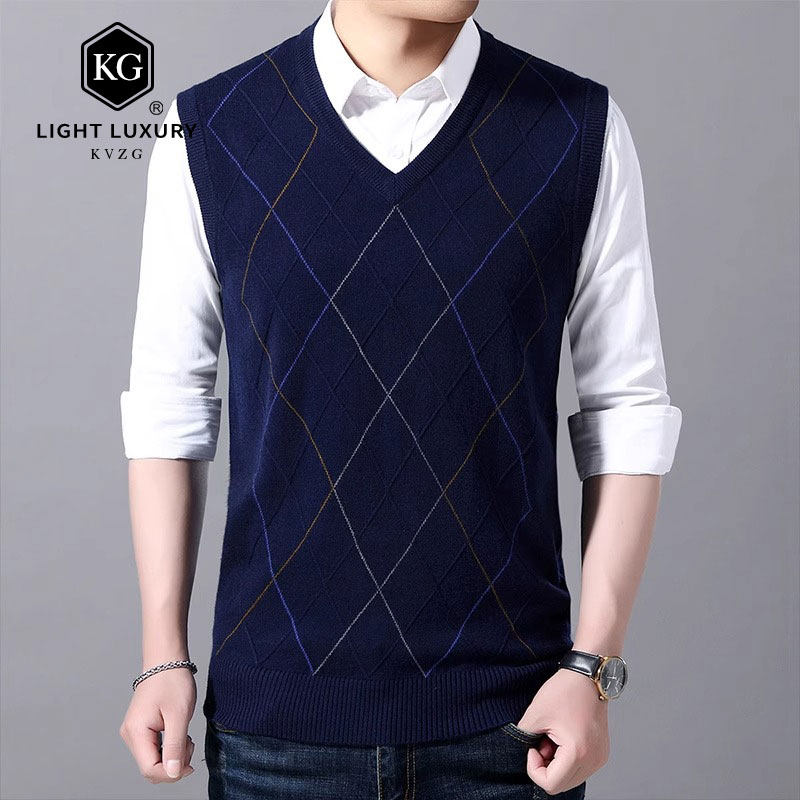 2025春季新款时尚V领背心中年男式无袖马甲百搭针织坎肩爸爸装