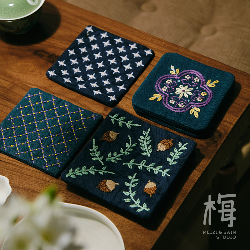 梅子【老布刺绣杯垫系列】田园风方形茶杯酒杯垫 仪式感桌面装饰