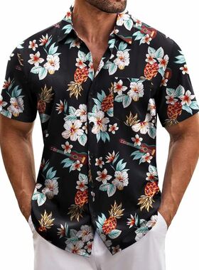 Men's collar pocket printed shirt   男式翻领口袋印花短袖衬衫