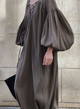 Lace up bubble sleeve loose fitting dress 系带泡泡袖连衣裙女