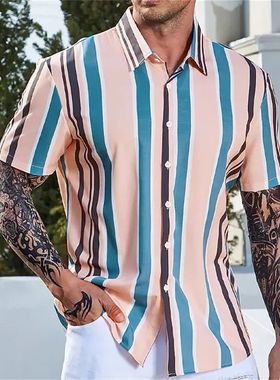 Men's retro striped short sleeved shirt男士复古条纹短袖衬衫