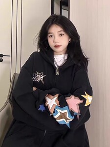 美式复古星星oversize连帽开衫拉链卫衣女春秋款2023新款宽松外套