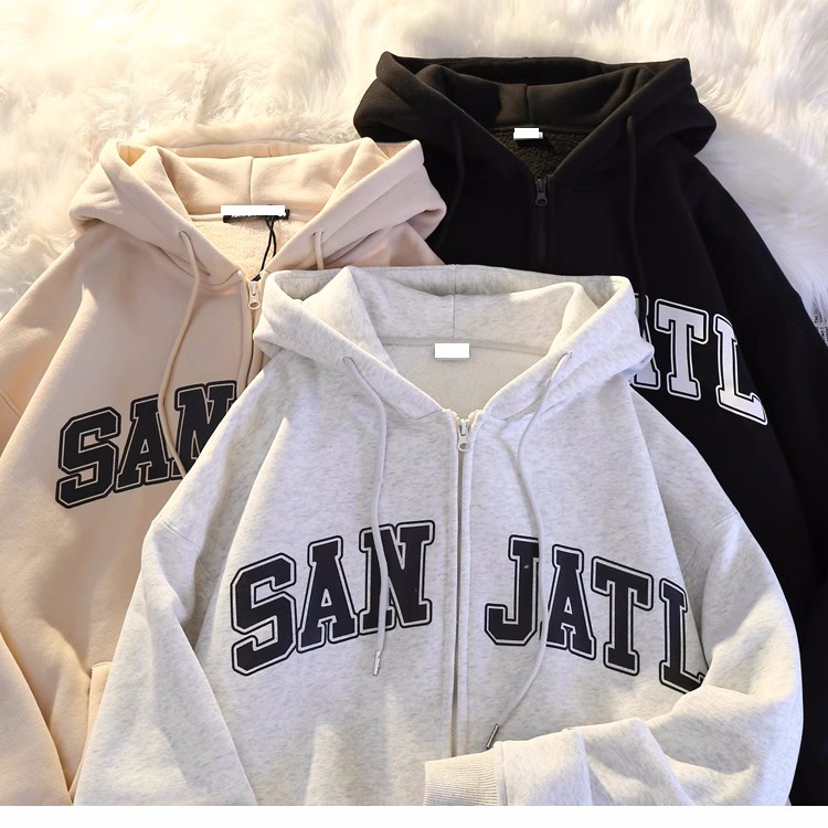 拉链开衫薄款秋冬复古宽松慵懒风连帽