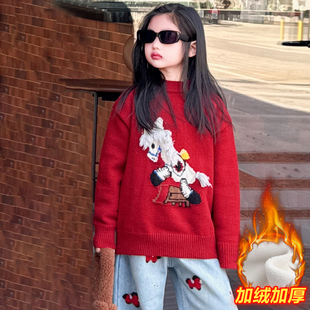 女童秋冬季卡通毛衣红色马图案红色加厚针织衫女圆领长袖毛衣秋冬