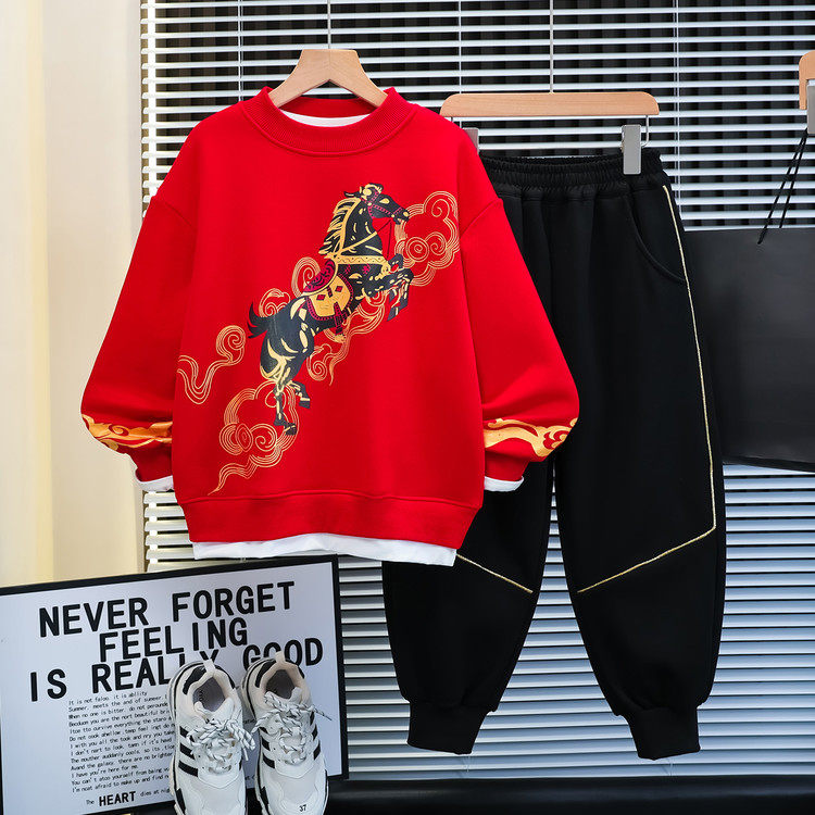 男童马年加绒套装加厚秋冬款儿童保暖一体绒红色运动服卫衣两件套