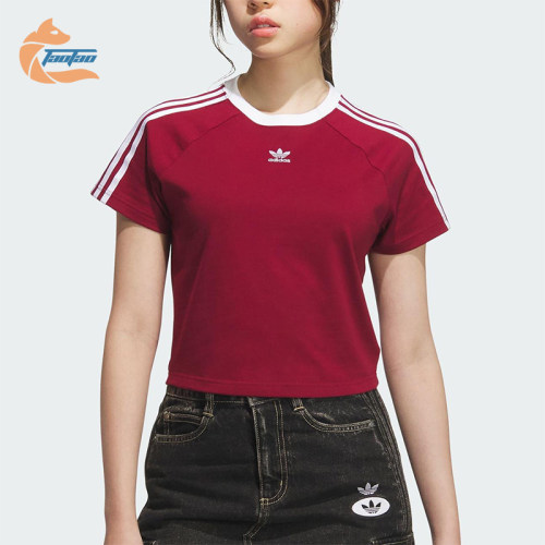 Adidas/阿迪达斯正品三叶草女士修身三条纹圆领透气短袖KF0314