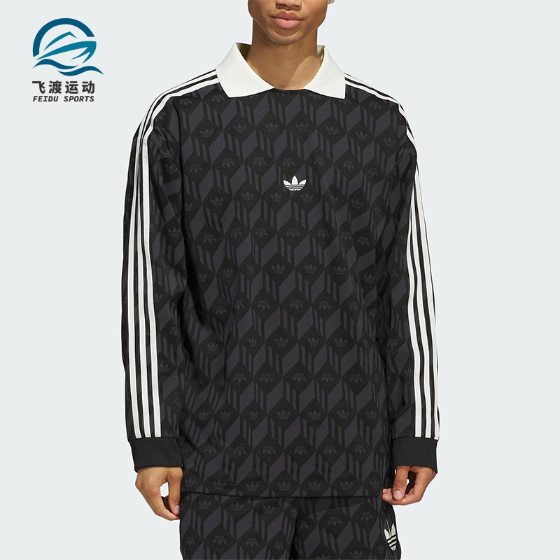 Adidas/阿迪达斯正品三叶草男女同款印花复古翻领长袖T恤JD5196