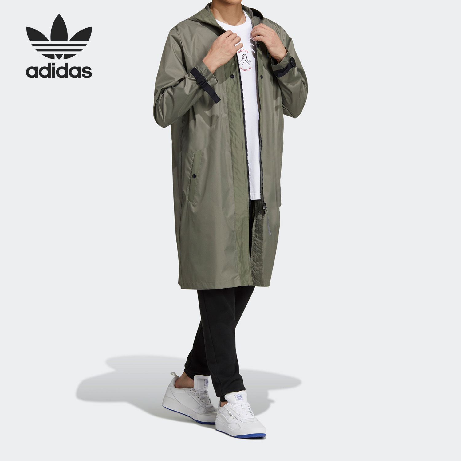 阿迪达斯男子连帽长款风衣外套
