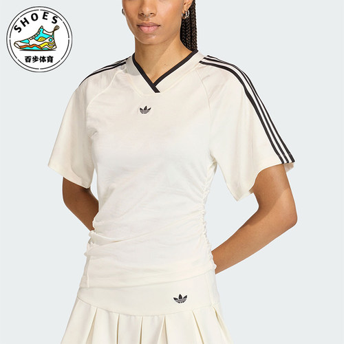 Adidas/阿迪达斯正品三叶草女士透气球衣风修身V领短袖T恤KC9122