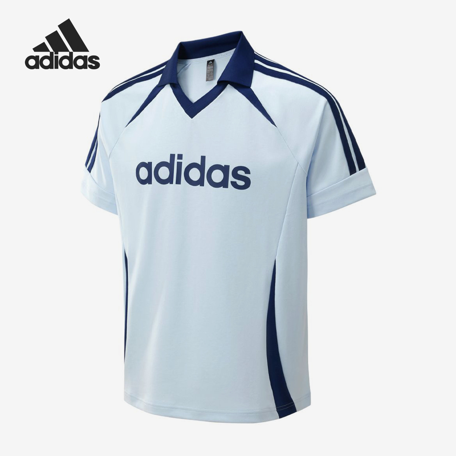 Adidas/阿迪达斯正品V领简约条纹男浅蓝色快干经典短袖T恤KY2146