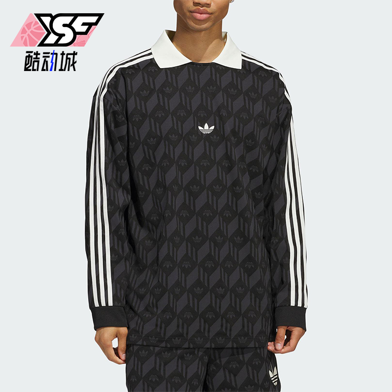 Adidas/阿迪达斯正品三叶草男女同款印花复古翻领长袖T恤JD5196