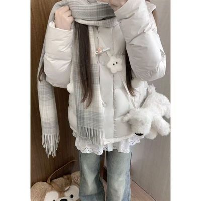 2025新款女冬季奶呼呼米色高级感格子围巾加厚围脖学生韩系氛围感