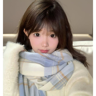 韩系氛围感格子围巾女秋冬季2026新款百搭可爱学生保暖高级感围脖