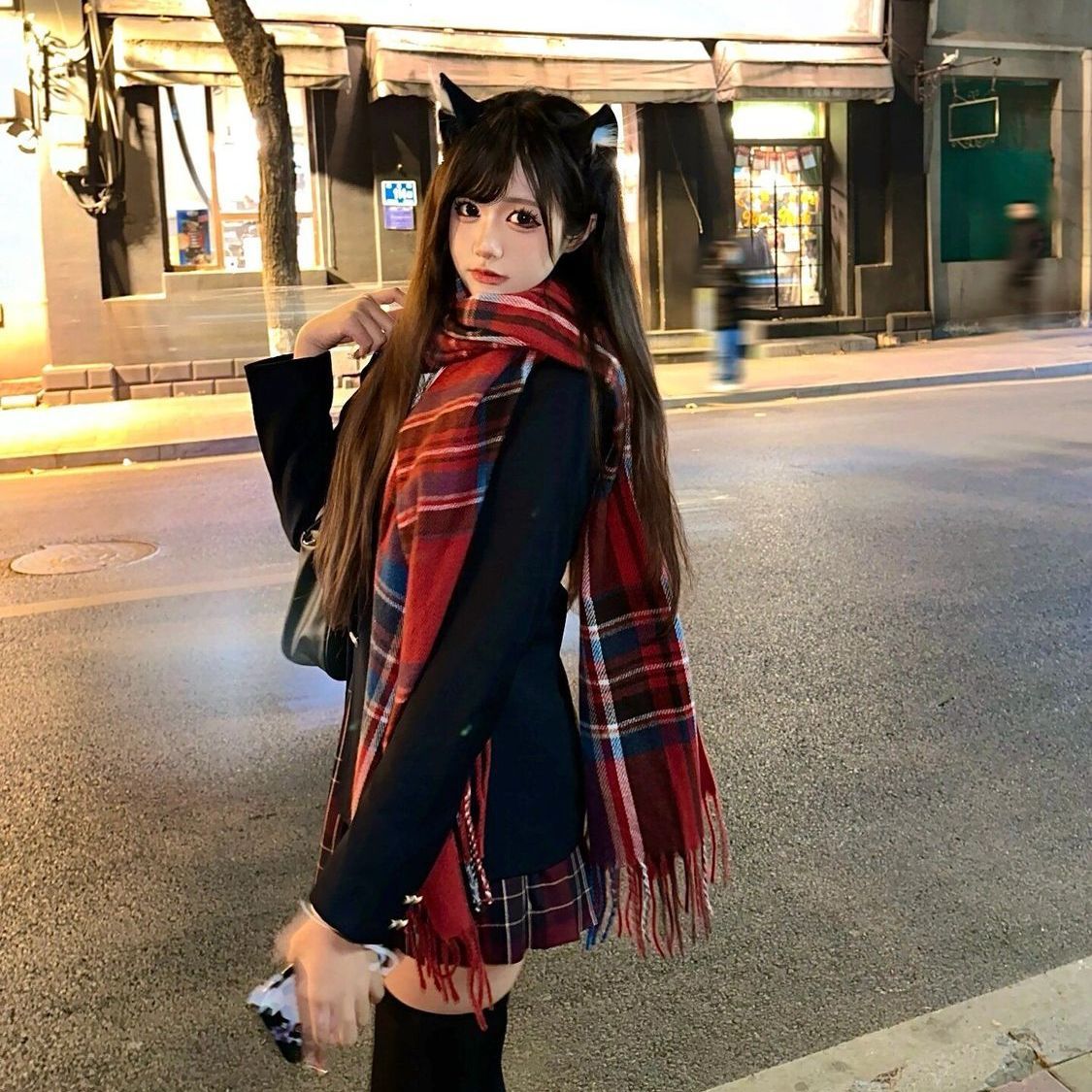 氛围感红色格子jk围巾女秋冬季