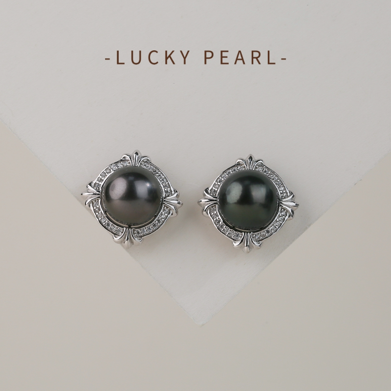 有幸珍珠耳钉 S925银大溪地黑珍珠耳饰10-11mm鸢尾花海水珍珠耳钉