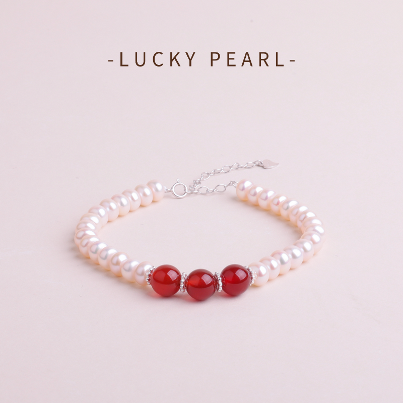 有幸珍珠手链 S925银复古红玛瑙淡水珍珠手链6-7mm天然珍珠手串女
