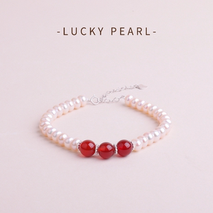 有幸珍珠手链 S925银复古红玛瑙淡水珍珠手链6-7mm天然珍珠手串女