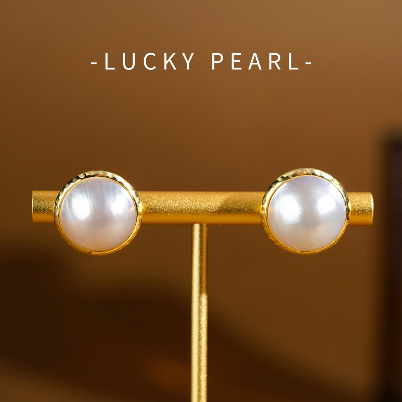 马贝海水珍珠耳钉复古半圆