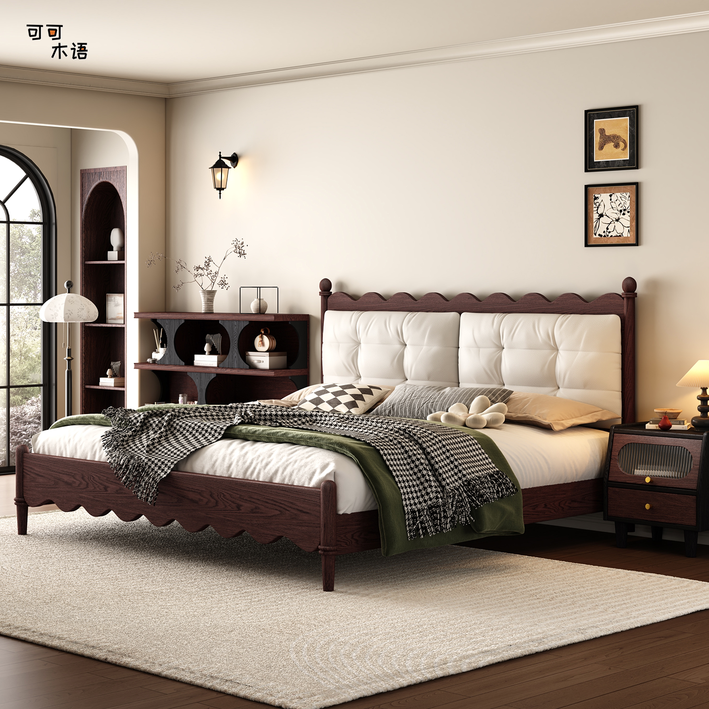 法式复古风涟漪床1.8米双人中古风软靠床1.5米主卧红橡木实木床