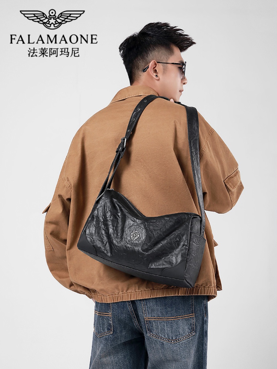 黑色单肩包法莱阿玛尼男士真皮包休闲时尚通勤小背包百搭牛皮包包
