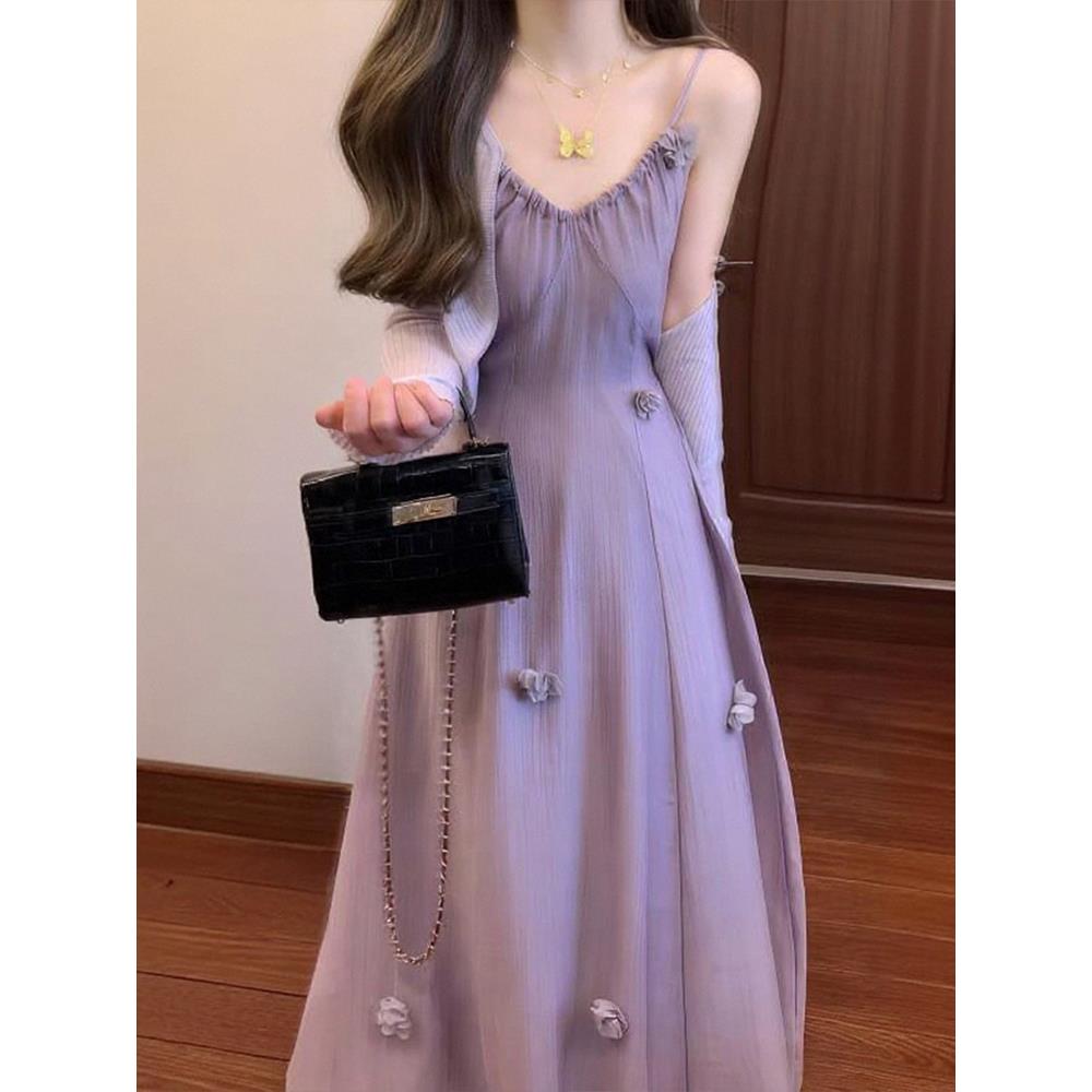 秋季穿搭一整套大码胖mm紫色开衫吊带连衣裙度假风减龄温柔套装女