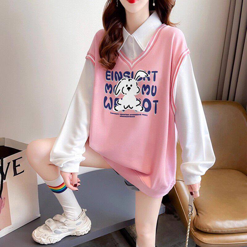 长袖T恤少女春秋2025新款初中高中学生学院风假两件薄款polo上衣