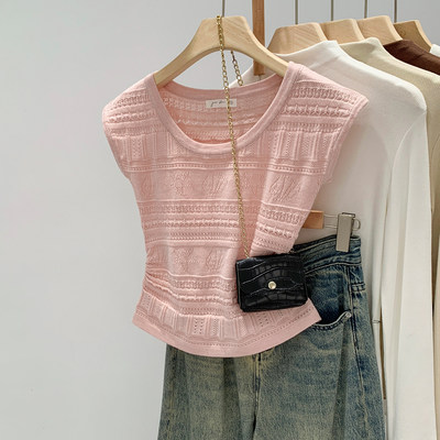 法式钩花镂空修身短袖针