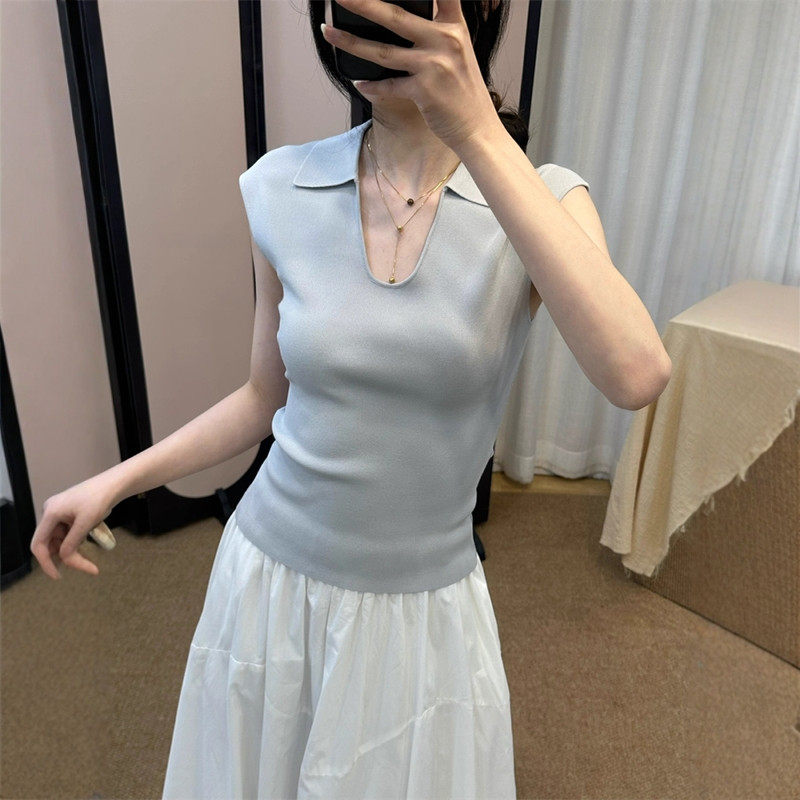 藏青色修身u领短袖冰丝针织衫女夏季高级感翻领1/4吋套筒扳手袖正