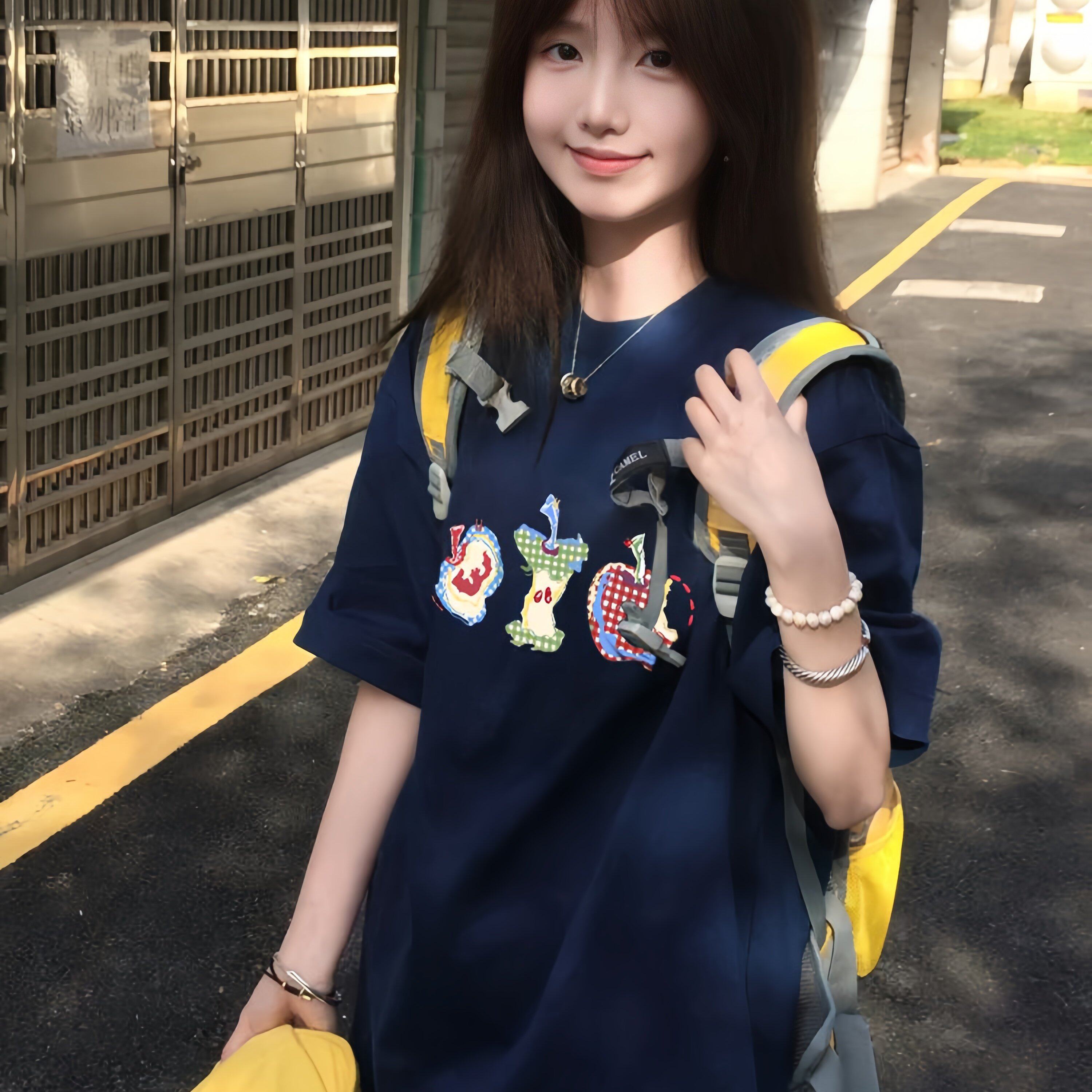 美式藏青色圆领短袖T恤女大童夏季初中高中学生T恤宽松半袖上衣