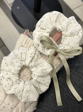 新款春夏豆沙纯棉蝴蝶结织带绿色清新碎花大肠发圈少女发绳头饰女