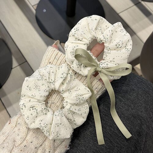 新款春夏豆沙纯棉蝴蝶结织带绿色清新碎花大肠发圈少女发绳头饰女