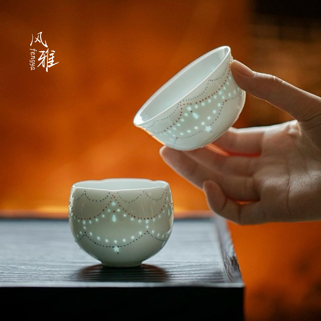 风雅玲珑陶瓷珠帘主人杯高档透光茶杯家用功夫茶具大容量品茗杯