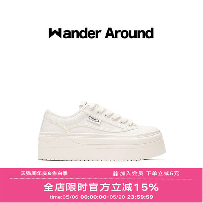 Wander around夏季薄款厚底增高6CM休闲百搭白色帆布鞋女