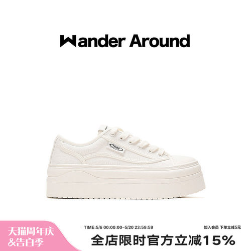 Wander around夏季薄款厚底增高6CM休闲百搭白色帆布鞋女