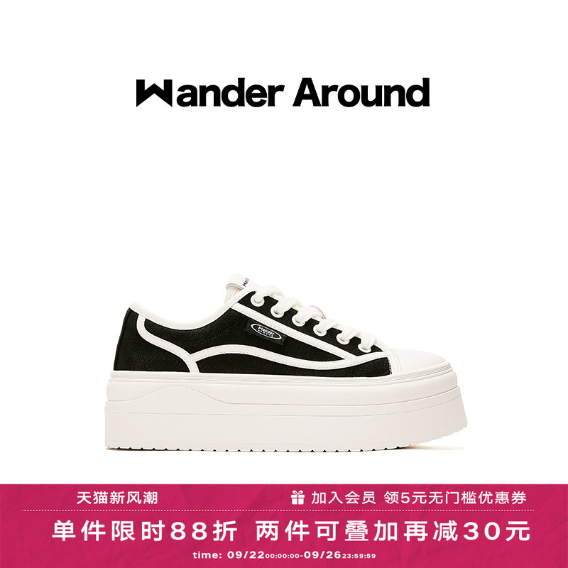 Wander around夏季薄款厚底增高6CM休闲百搭黑色帆布鞋女