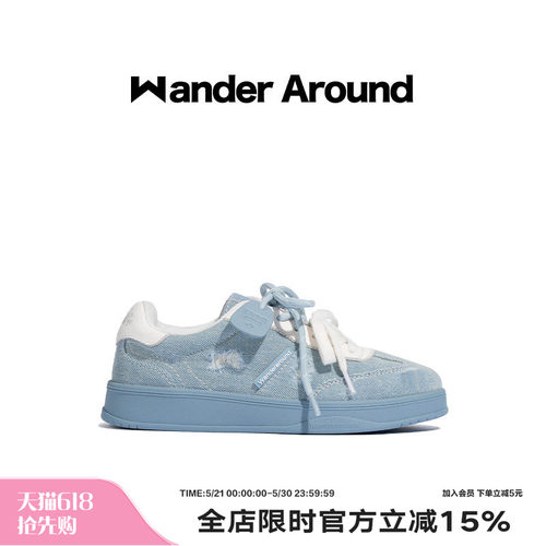 Wander around2025秋季新款牛仔拼色厚底增高休闲鞋复古德训鞋女
