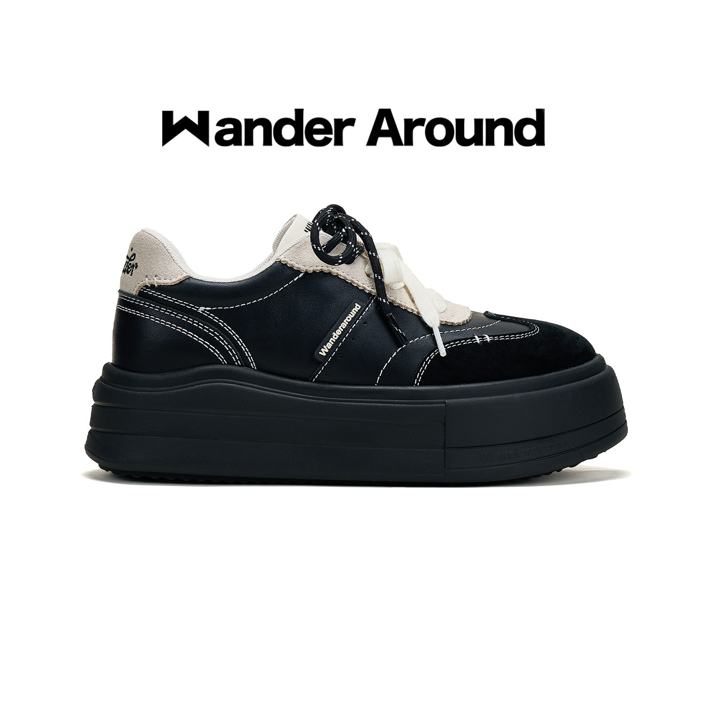 Wander around2026秋冬新款厚底增高休闲板鞋黑白拼色德训鞋女