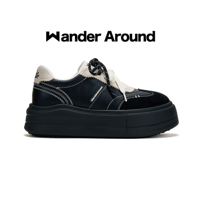 Wander around2026秋冬新款厚底增高休闲板鞋黑白拼色德训鞋女