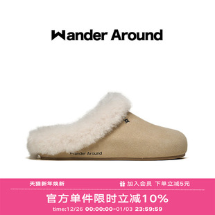 Wander 复古休闲懒人毛拖女 around厚底增高牛皮绒面革加绒勃肯鞋
