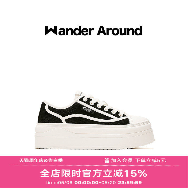 Wander around夏季薄款厚底增高6CM休闲百搭黑色帆布鞋女
