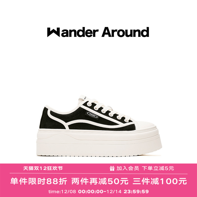 Wander around夏季薄款厚底增高6CM休闲百搭黑色帆布鞋女