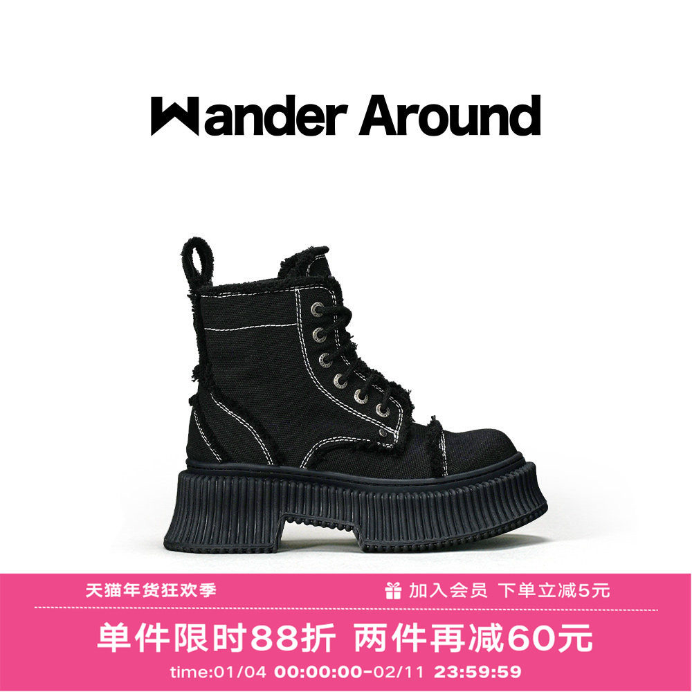 Wander Around漫行宝莉靴2024年爆款春夏黑色帆布马丁靴百搭短靴,女鞋,马丁靴,淘宝优惠券,粉丝福利购,淘宝优惠卷